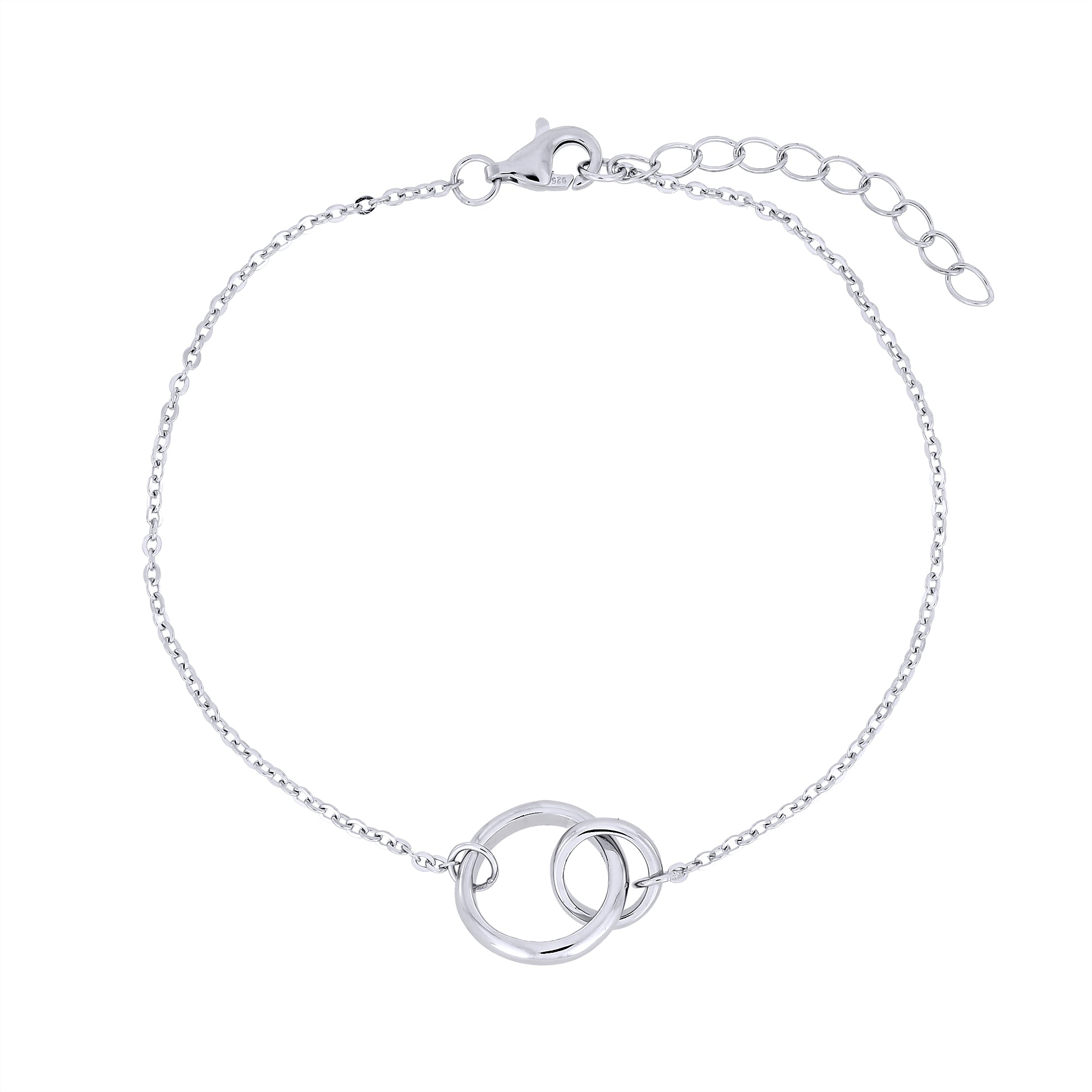 Silver bracelet with interlocking circles on a white background