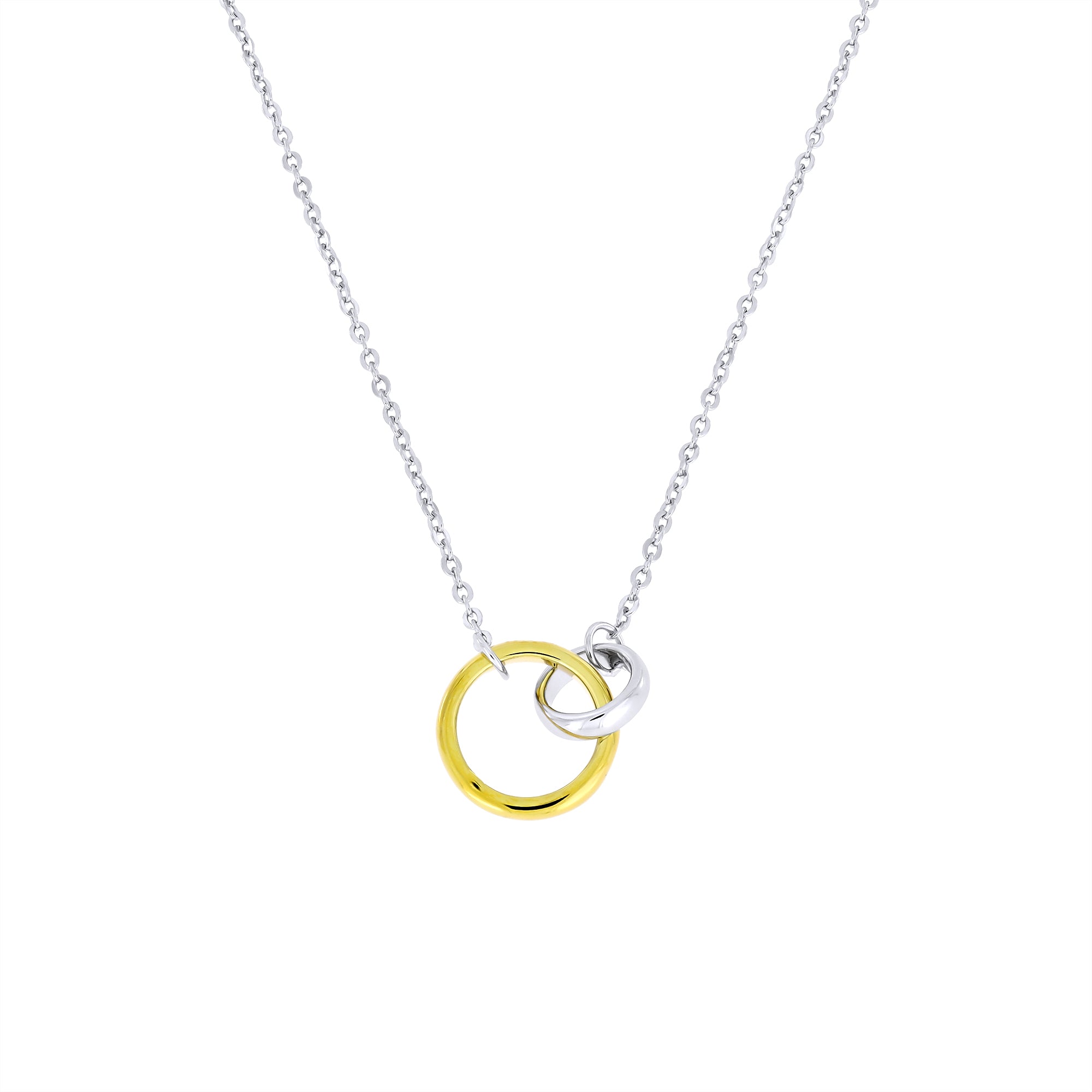 Necklace with a gold and silver interlocking rings on a white background