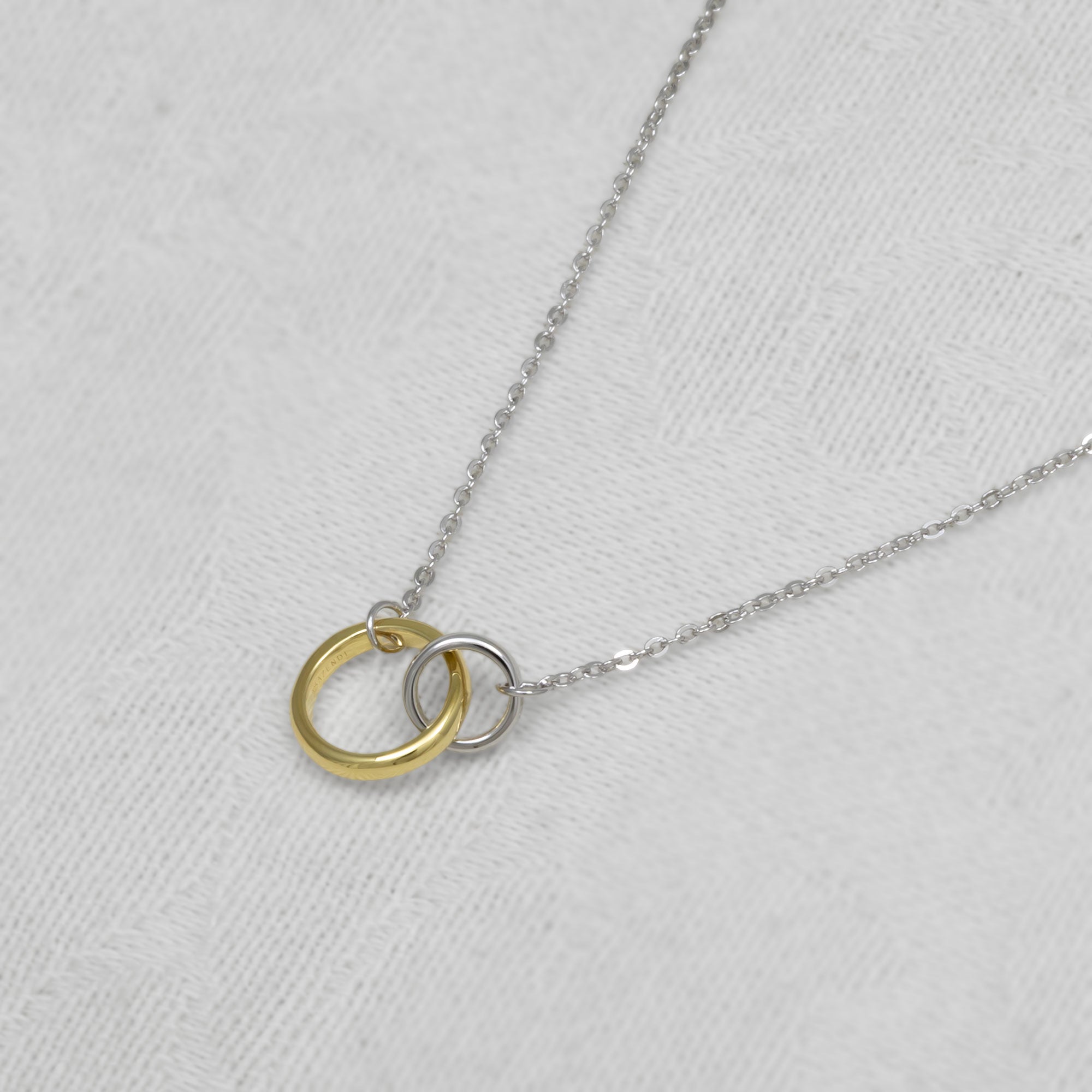 Necklace with two interlocking rings, one gold vermeil and one silver.