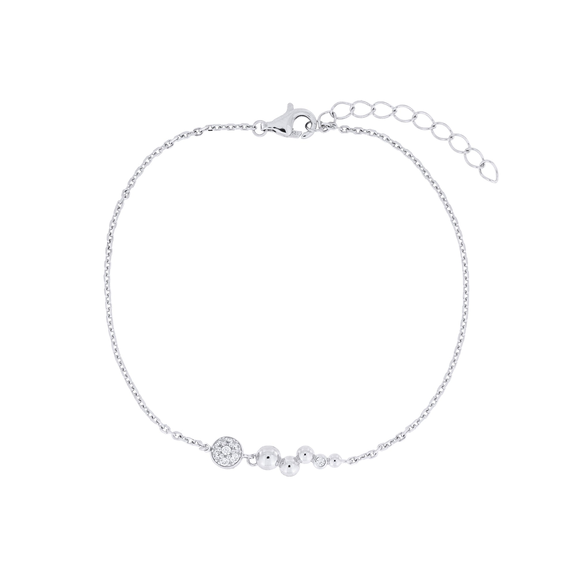 A delicate silver chain bracelet with a lobster clasp, extension chain, and small round cubic zirconia-accented beads on a plain white background.