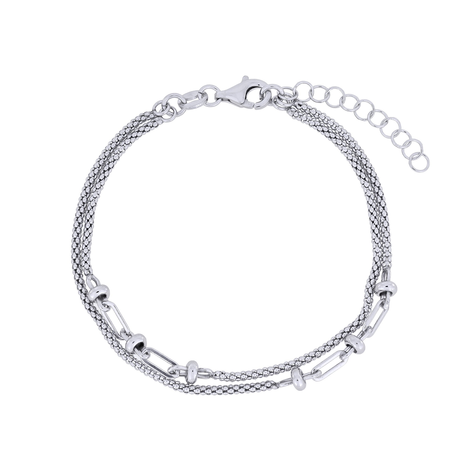 Sterling silver double popcorn chain bracelet with feature links on a white background