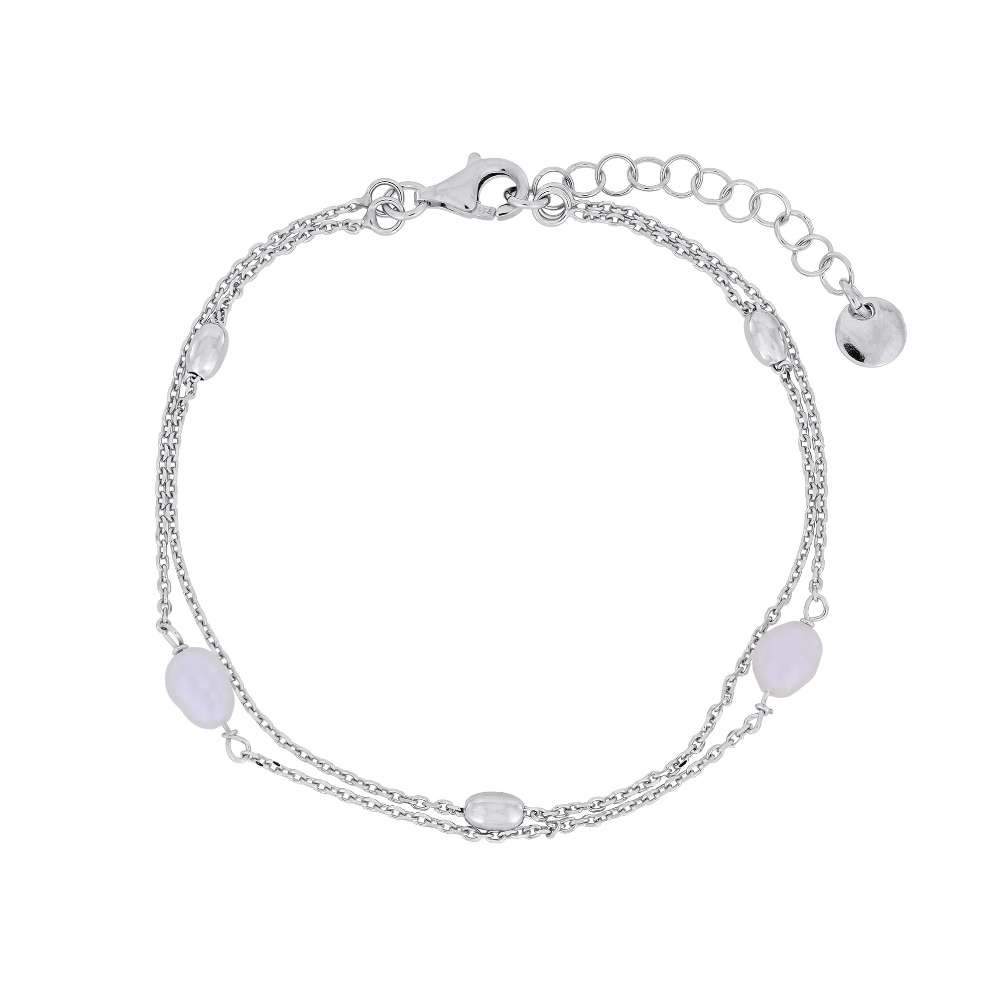 Silver bracelet with chain, silver beads and freshwater pearls on a white background