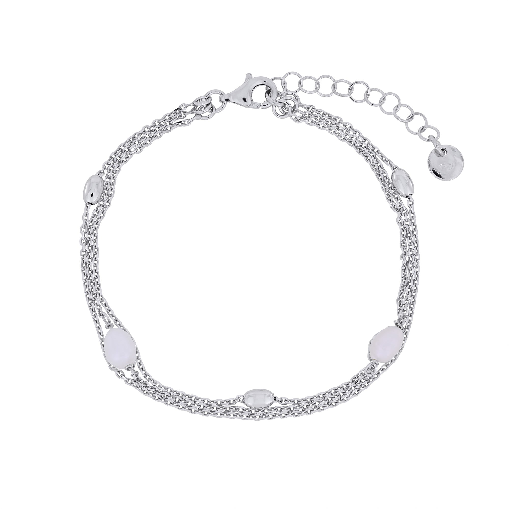Silver bracelet with multiple chains, freshwater pearls and silver beads on a white background
