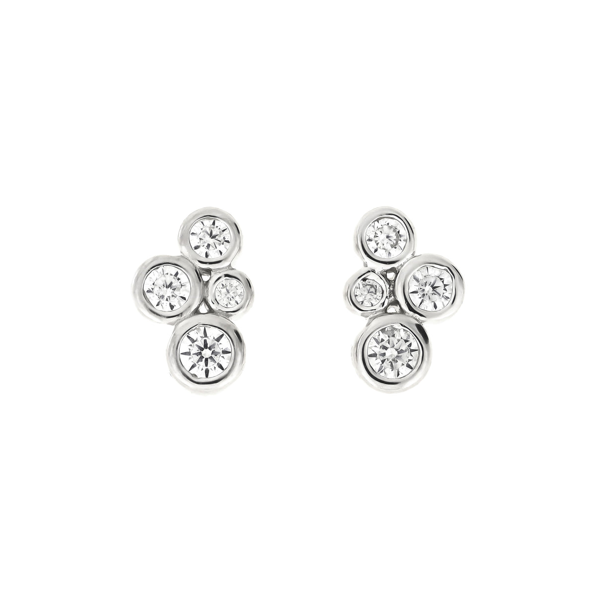 A pair of silver stud earrings featuring clear round-cut cubic zirconia stones in a small cluster setting, presented on a solid white background.