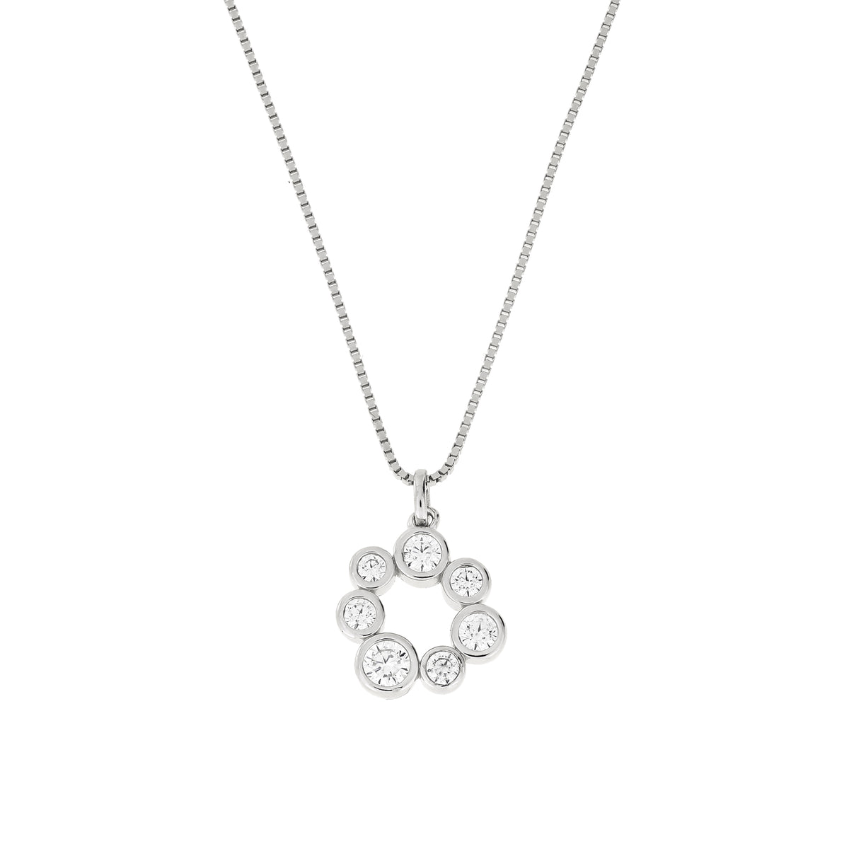 A silver box chain with a circular pendant featuring seven clear round-cut cubic zirconia stones in bezel settings, displayed against a solid white background.