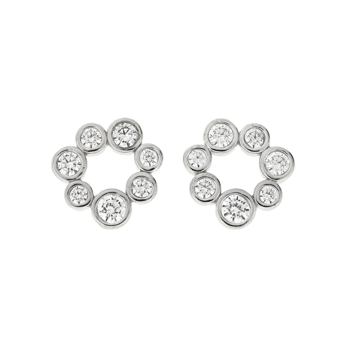 A pair of silver stud earrings featuring a circular cluster of clear round-cut cubic zirconia stones, displayed on a solid white background.
