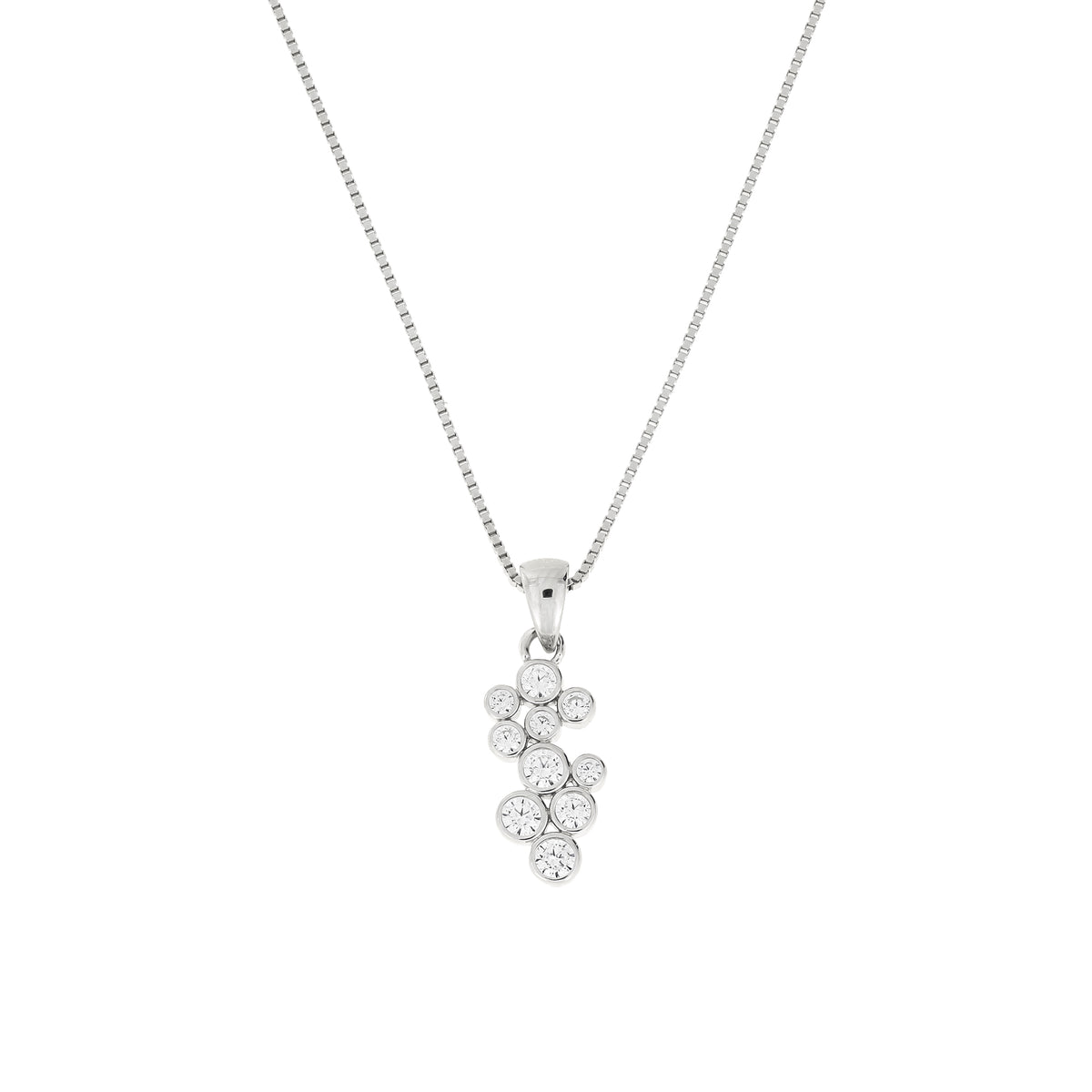 A silver chain necklace with a small cluster pendant set with clear cubic zirconia stones, shown against a plain white background.