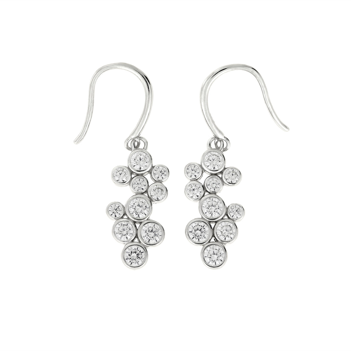 A pair of silver drop earrings with a grapevine cluster design set with clear round-cut cubic zirconia stones, shown on a plain white background.
