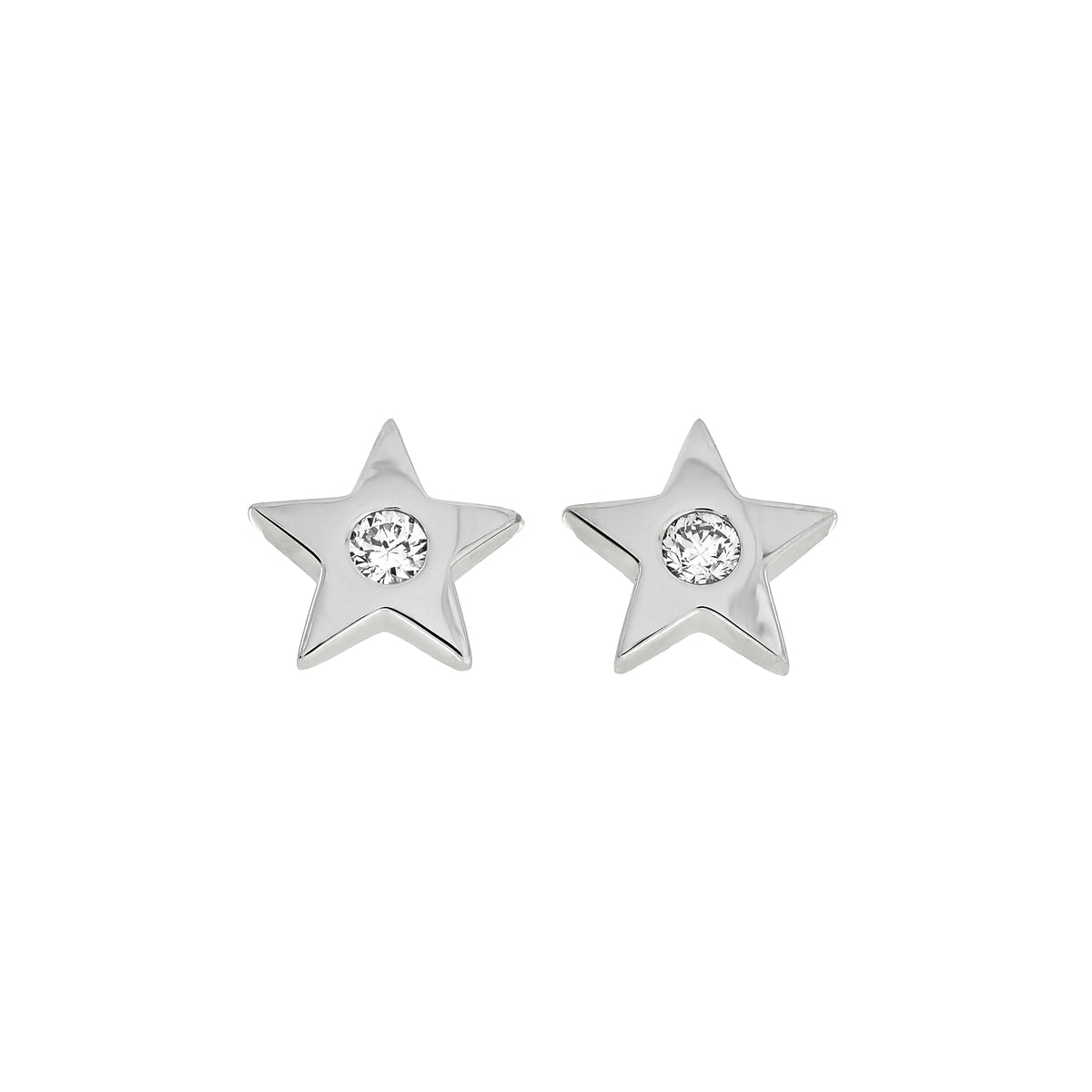 A pair of sterling silver star-shaped stud earrings, each featuring a round lab grown diamond in the center, set against a plain white background.