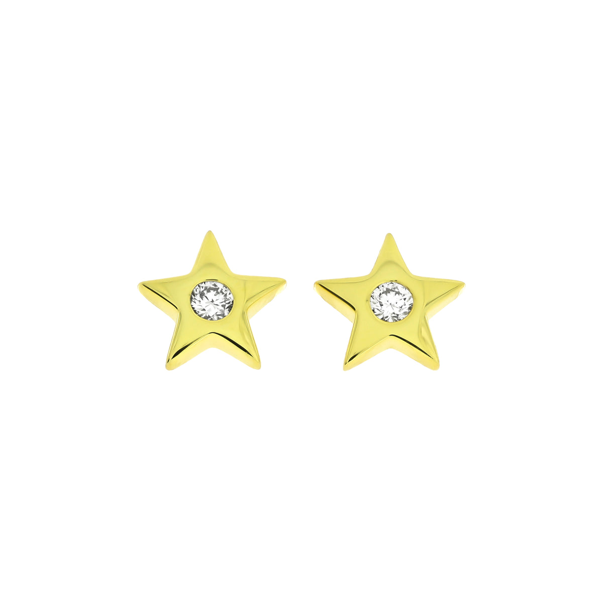 A pair of gold vermeil star-shaped stud earrings, each featuring a round lab grown diamond in the center, set against a plain white background.
