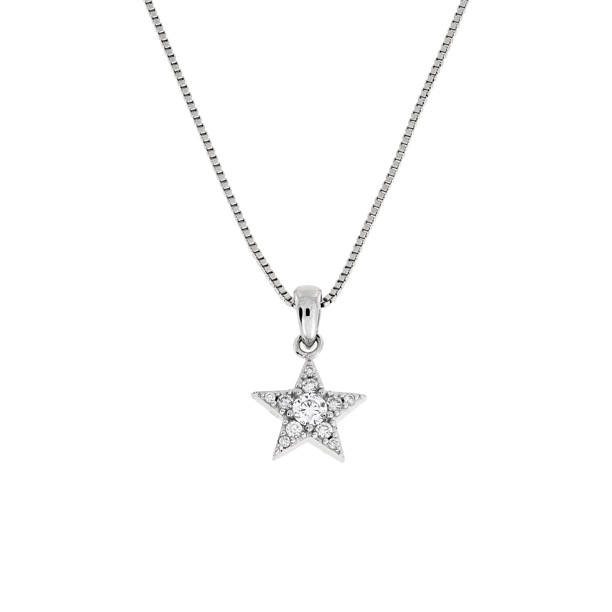 A silver star pendant necklace fully set with pavé lab grown diamonds, shown on a plain white background.