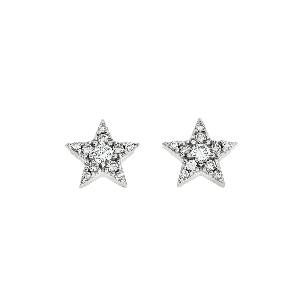 A pair of silver star-shaped stud earrings fully set with pavé lab grown diamonds, shown on a plain white background.