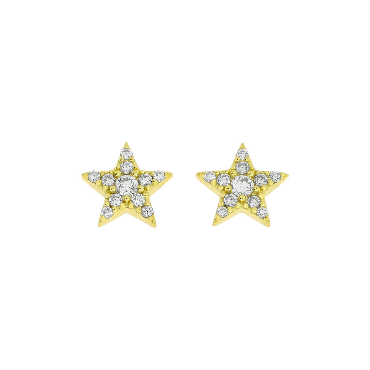 A pair of gold vermeil star-shaped stud earrings, each adorned with a cluster of lab grown diamonds, set against a plain white background.
