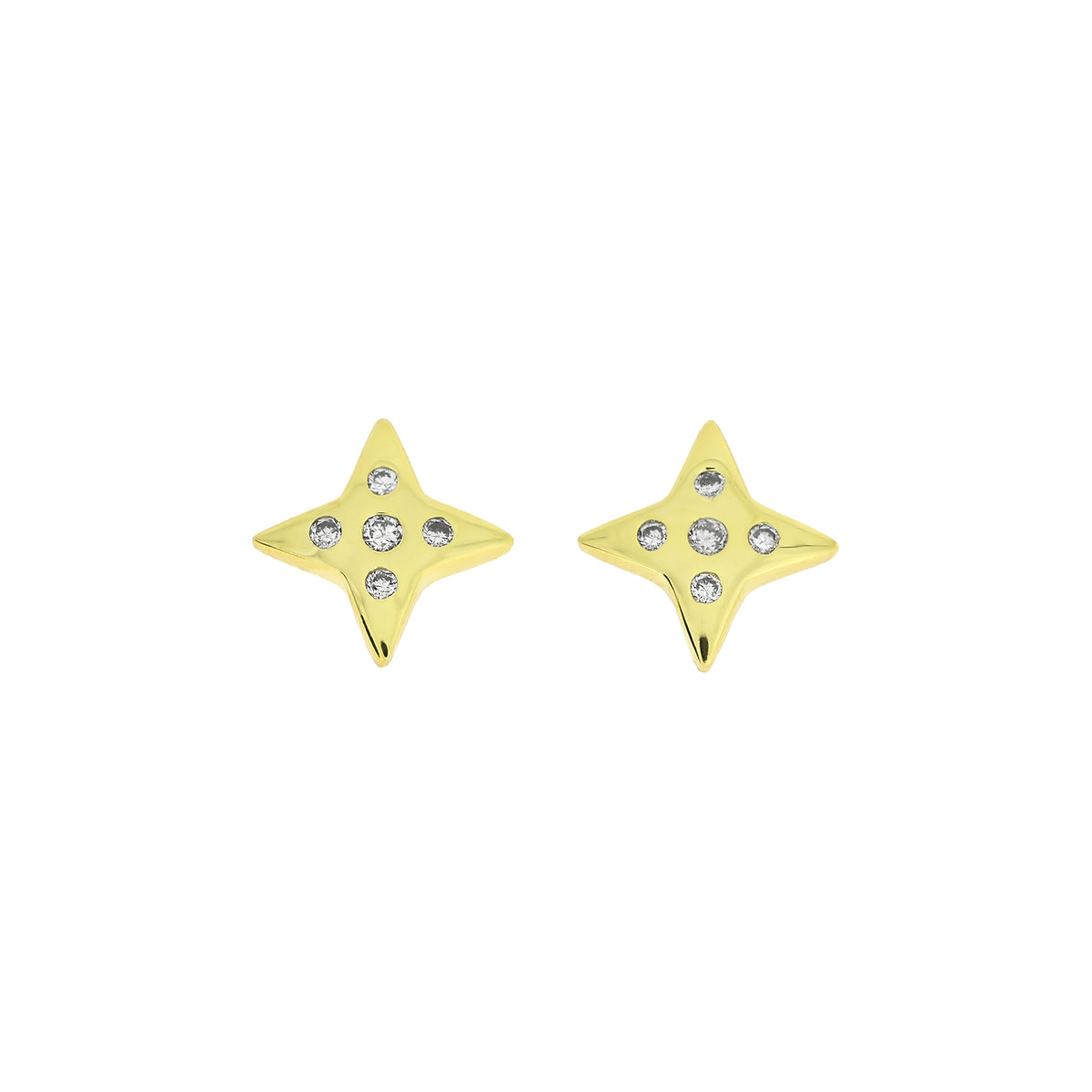 A pair of gold vermeil star-shaped stud earrings, each adorned with five clear lab grown diamonds, set against a plain white background.