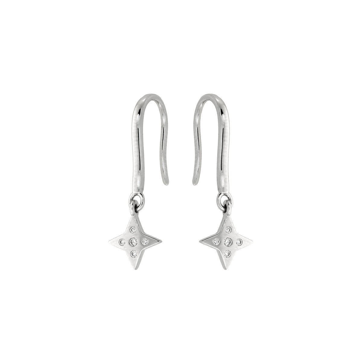 A pair of silver drop earrings featuring a four-pointed star charm with lab grown diamonds, suspended from curved hook ear wires, shown on a plain white background.