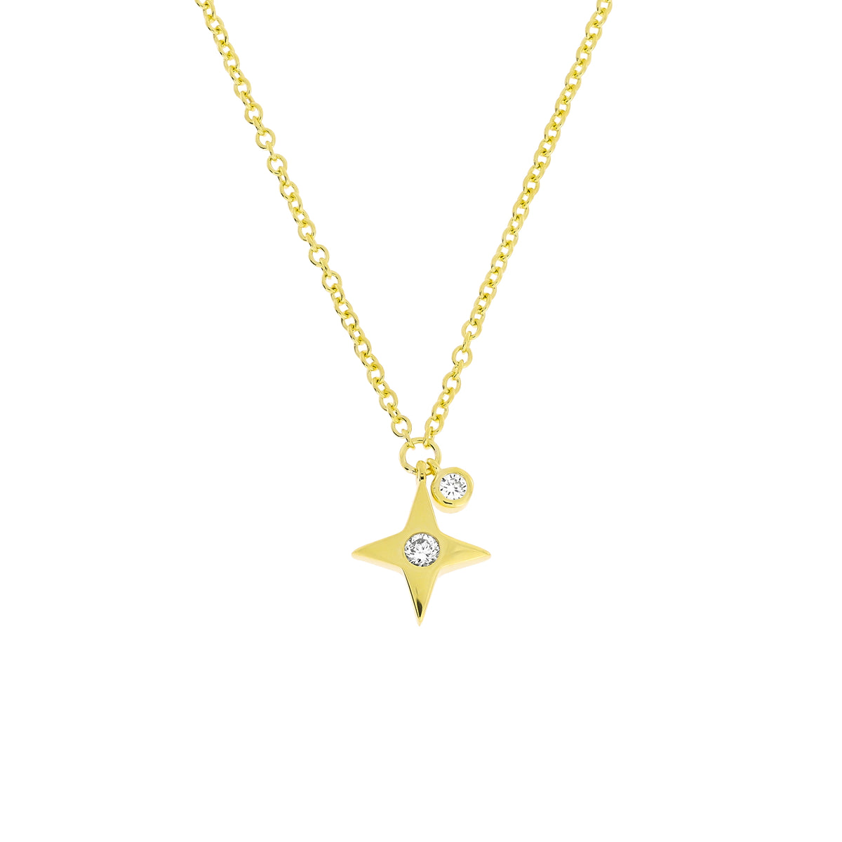 A gold vermeil necklace featuring a four-pointed star pendant with lab grown diamonds, displayed on a clean white background.