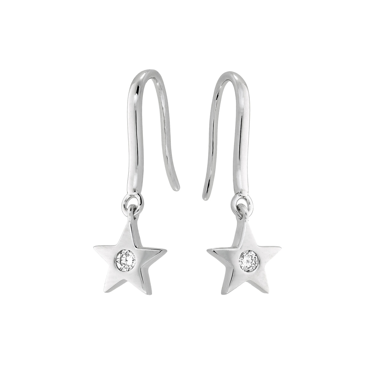 A pair of silver star-shaped dangle earrings with a lab grown diamond set in the center of each star, shown against a plain white background.