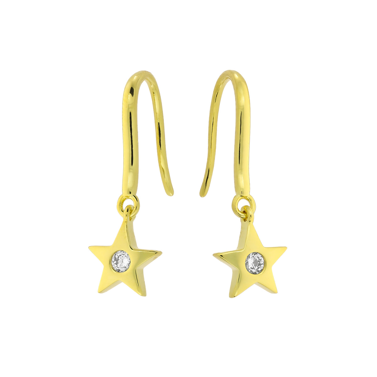 A pair of gold vermeil star-shaped dangle earrings with a lab grown diamond in the centre of each star, shown against a plain white background.