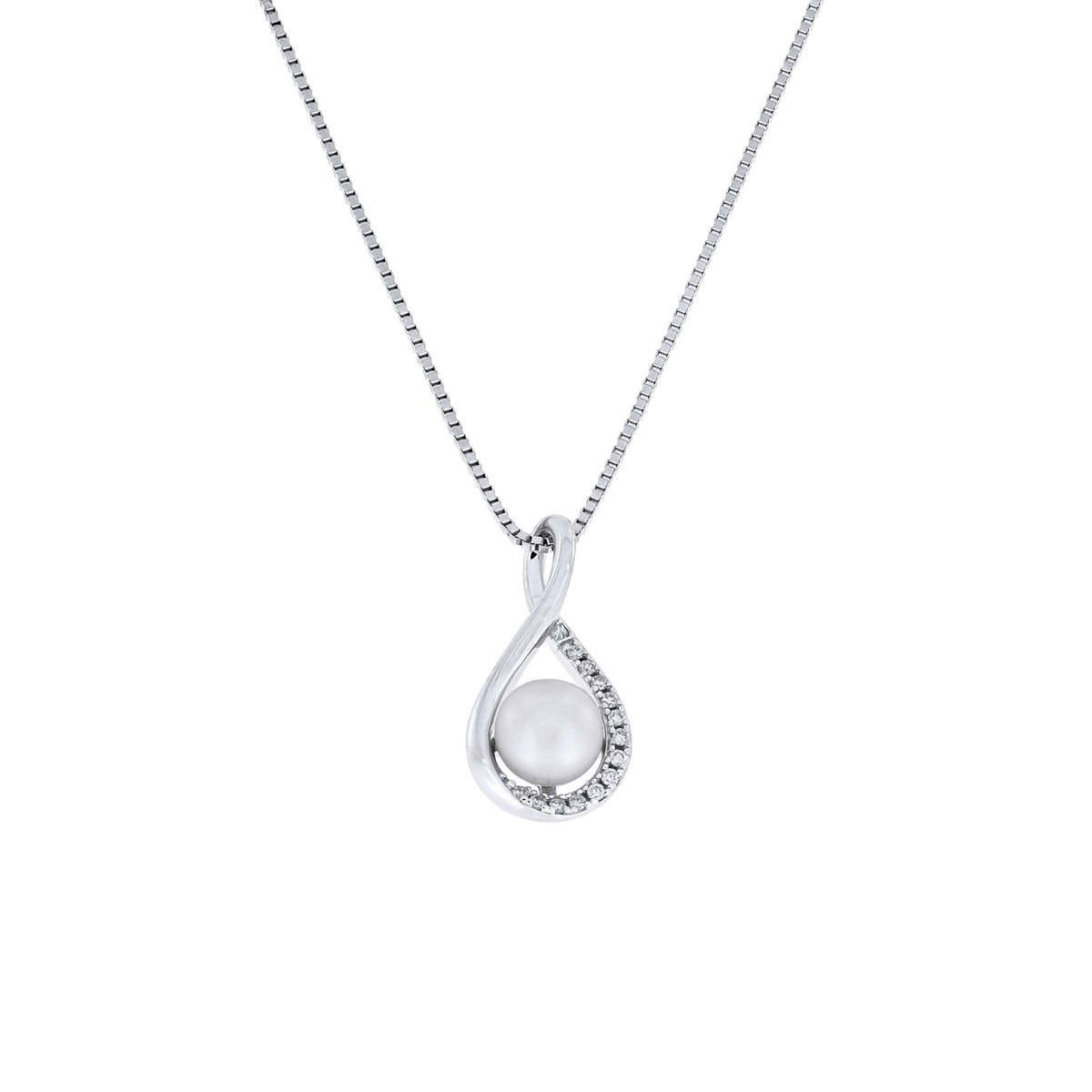 Silver freshwater pearl and lab grown diamond infinity pendant on a white background