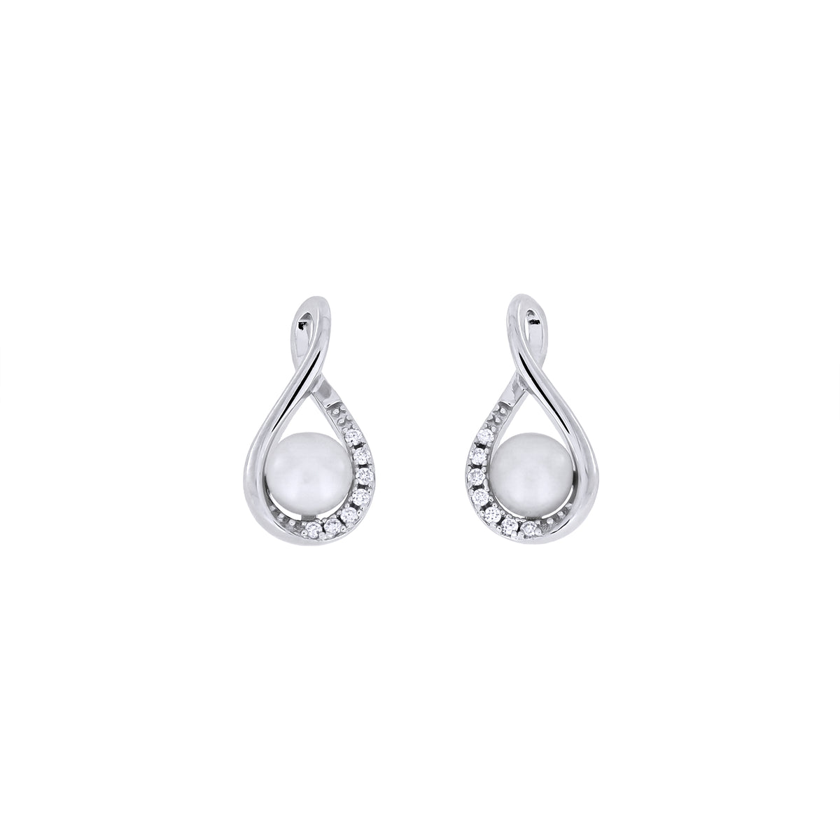 Pair of silver infinity earrings with round freshwater pearls and lab grown diamonds on a white background