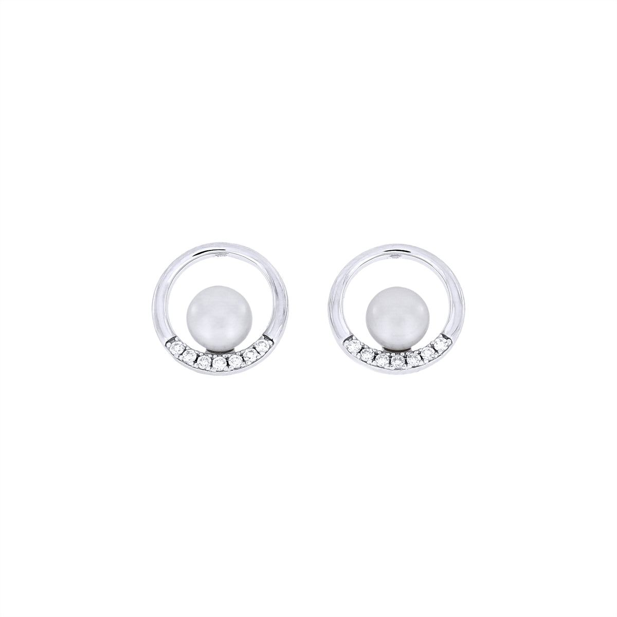 Pair of silver earrings with circular design and freshwater pearls with lab grown diamonds on a white background