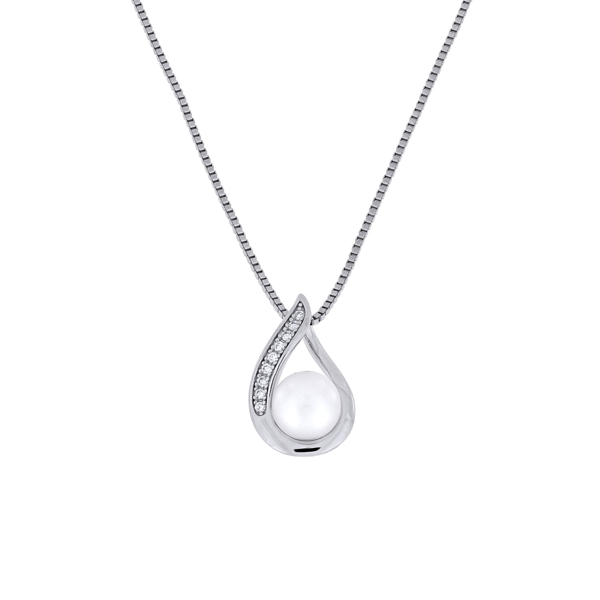 Teardrop-shaped pendant with a pearl and diamonds on a white background