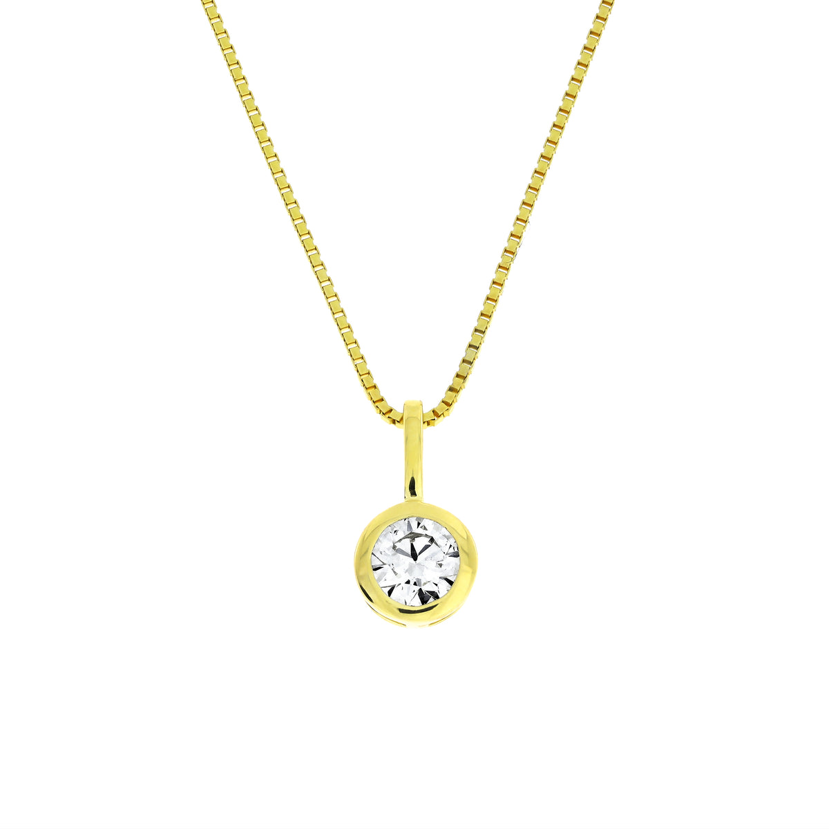 A yellow gold vermeil box chain necklace with a round bezel-set lab diamond pendant, shown against a plain white background.