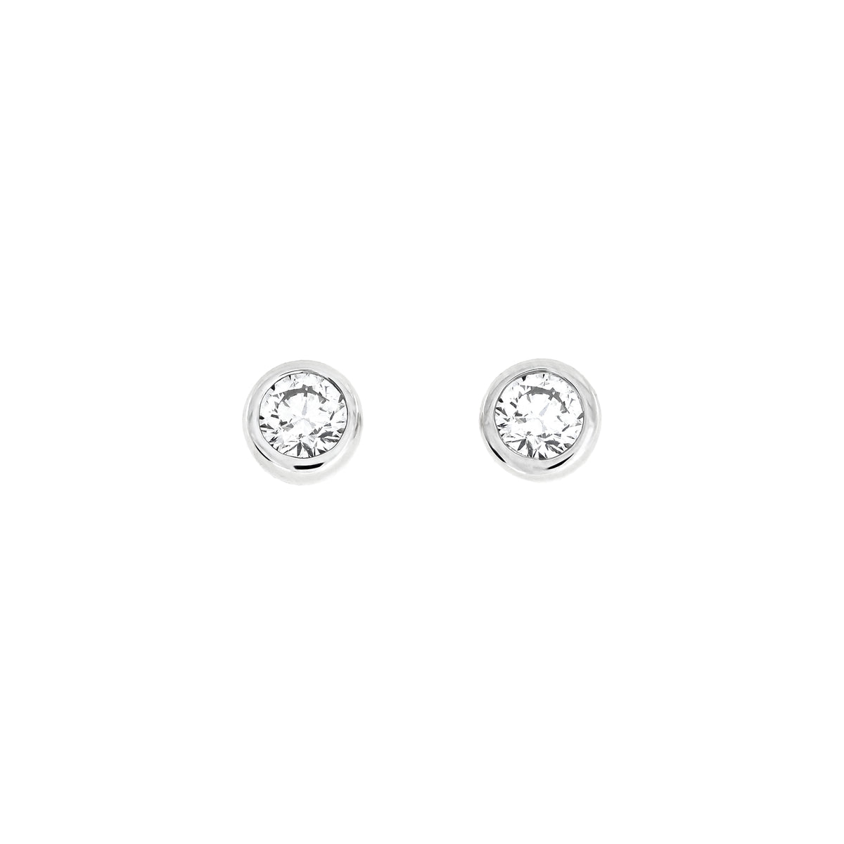 A pair of round bezel-set lab diamond stud earrings in sterling silver, shown on a plain white background.