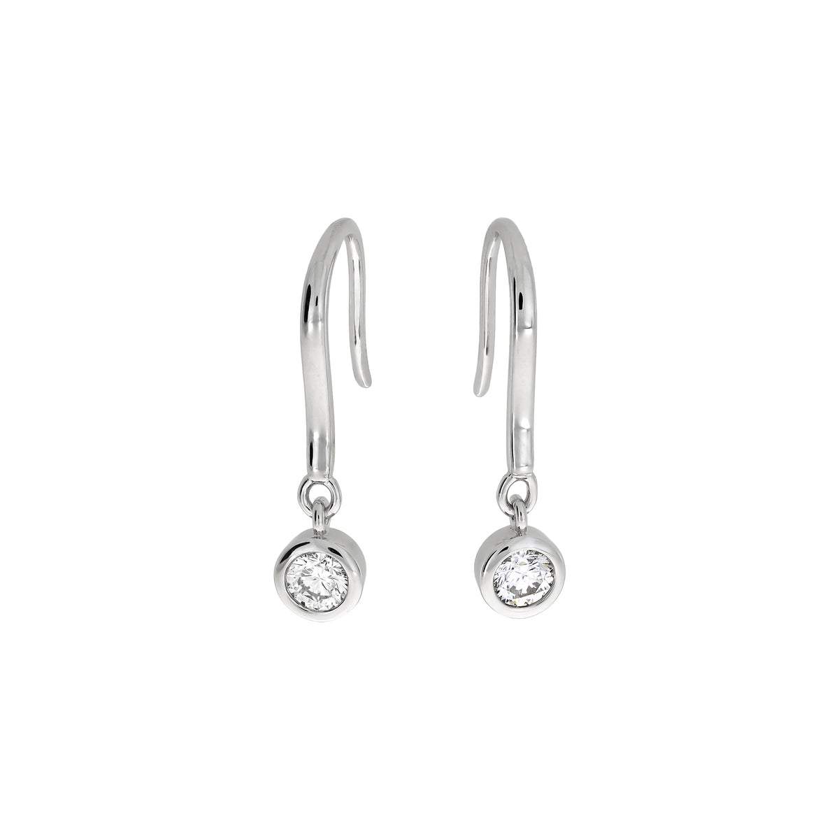 A pair of silver hook earrings, each featuring a quarter carat round bezel-set lab diamond, shown against a plain white background.