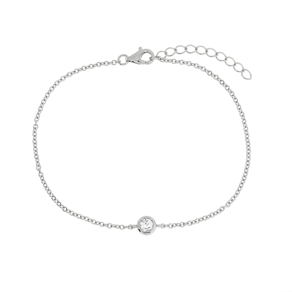 A delicate silver chain bracelet with a bezel-set lab diamond and an adjustable lobster clasp extension chain, shown on a plain white background.