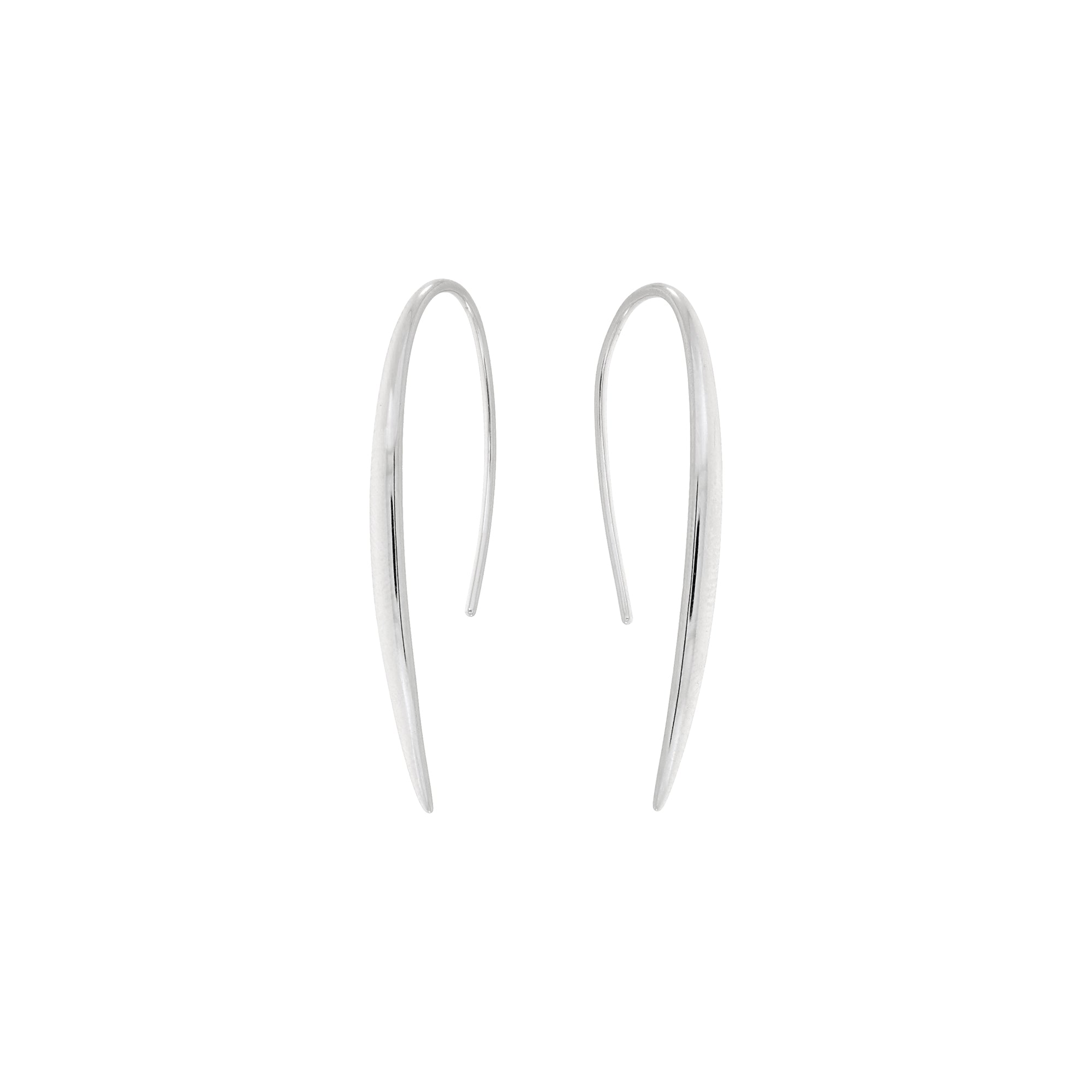 A pair of minimalist, polished silver drop earrings with a sleek, curved shape, shown against a solid white background.
