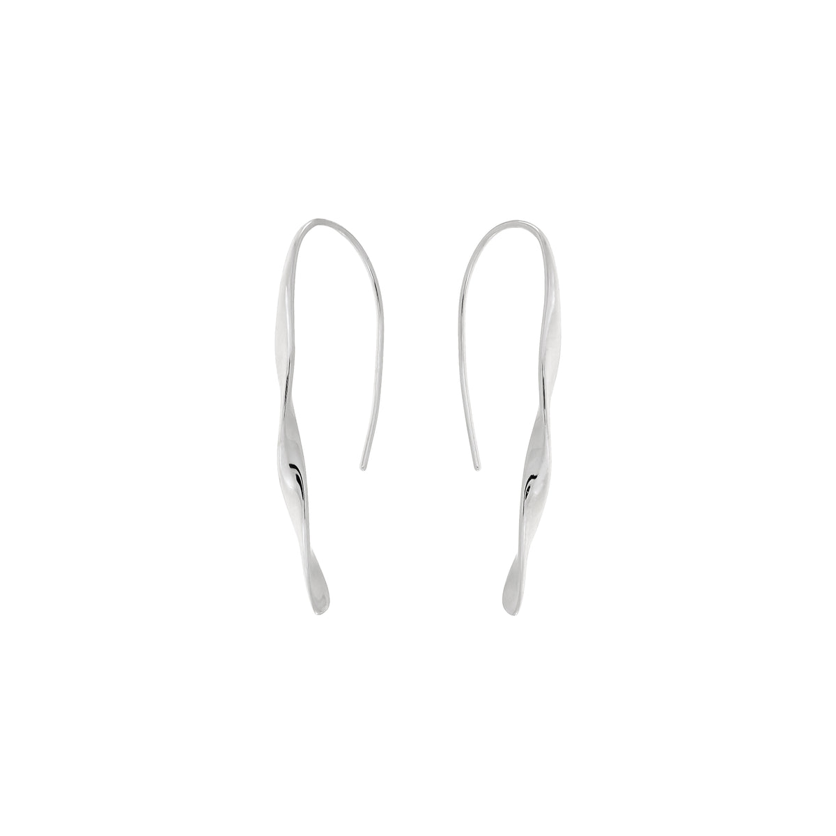 A pair of sterling silver twisting drop earrings with fishhook backs against a white background.