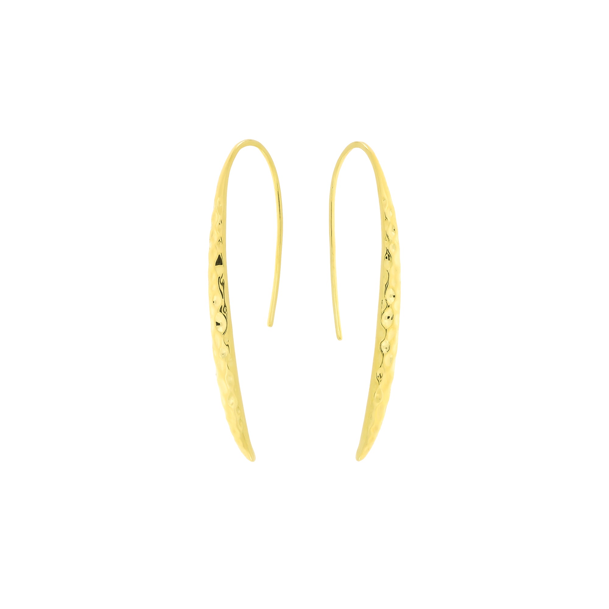 A pair of gold vermeil, hammered drop earrings with a curved, teardrop-like shape and fishhook backings, shown against a plain white background.