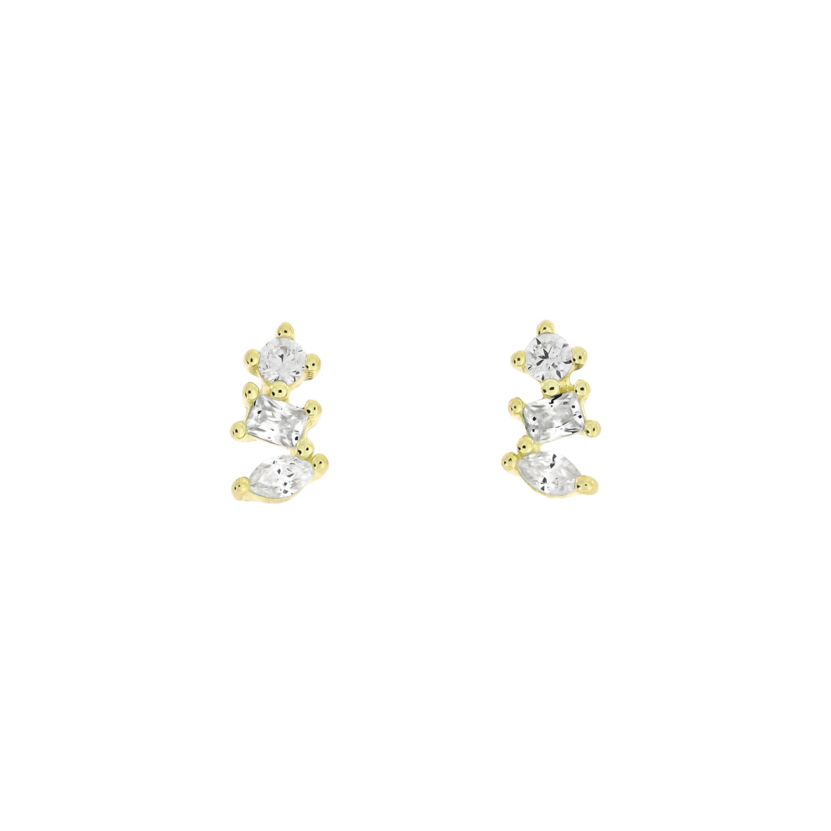A pair of gold vermeil stud earrings featuring three clear cubic zirconia stones in a vertical cluster setting, shown against a plain white background.