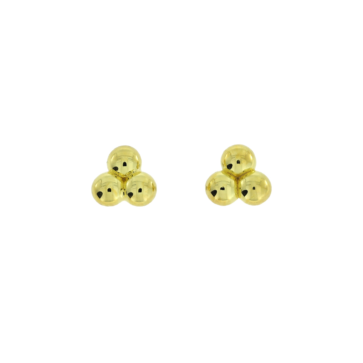 A pair of gold vermeil stud earrings, each featuring a cluster of three small, beads set against a plain white background.