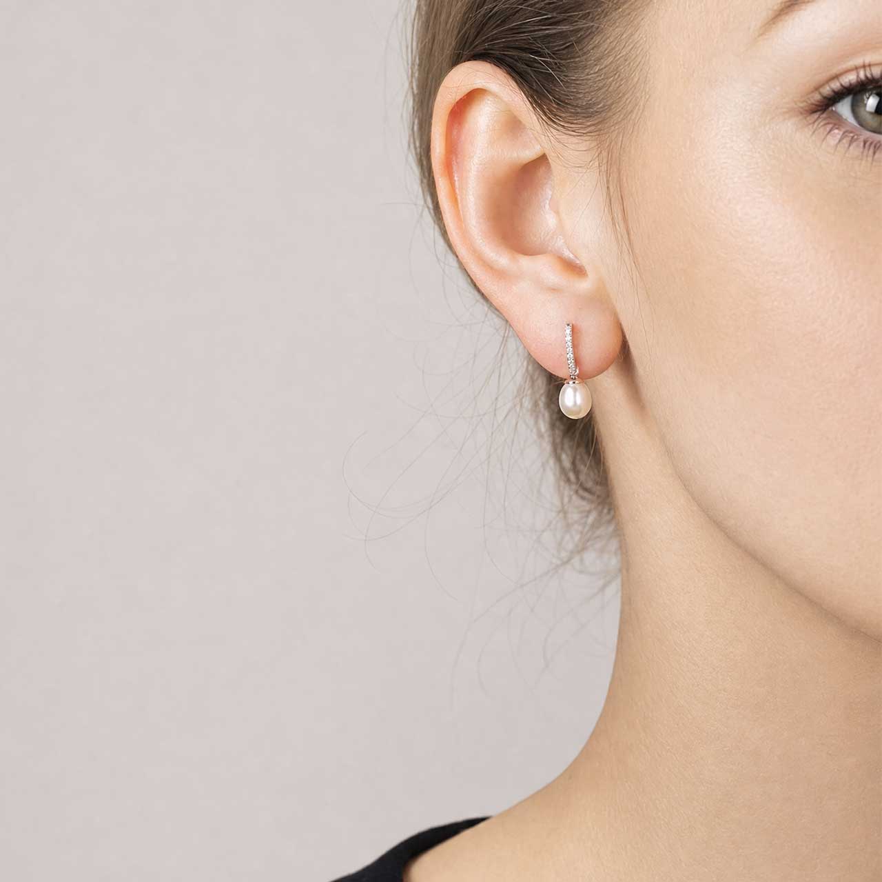Silver & Pavé Oval Pearl Drop Earrings