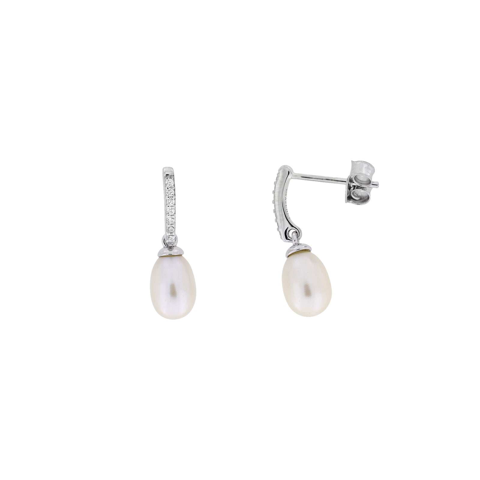 Silver & Pavé Oval Pearl Drop Earrings