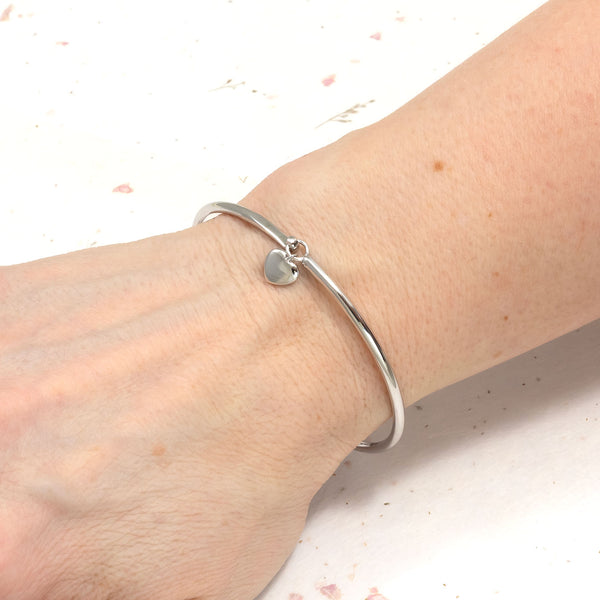 Sterling Silver Heart Charm Hook Bangle - Azendi