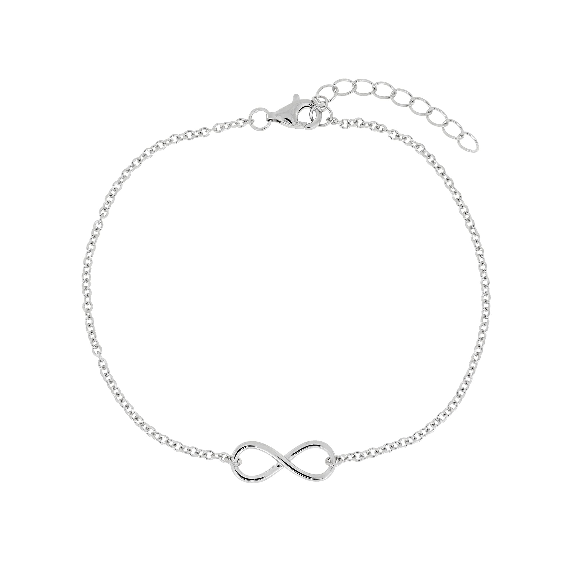 Delicate sterling silver bracelet featuring a polished infinity symbol centerpiece on a fine adjustable chain, embodying elegant and timeless design.