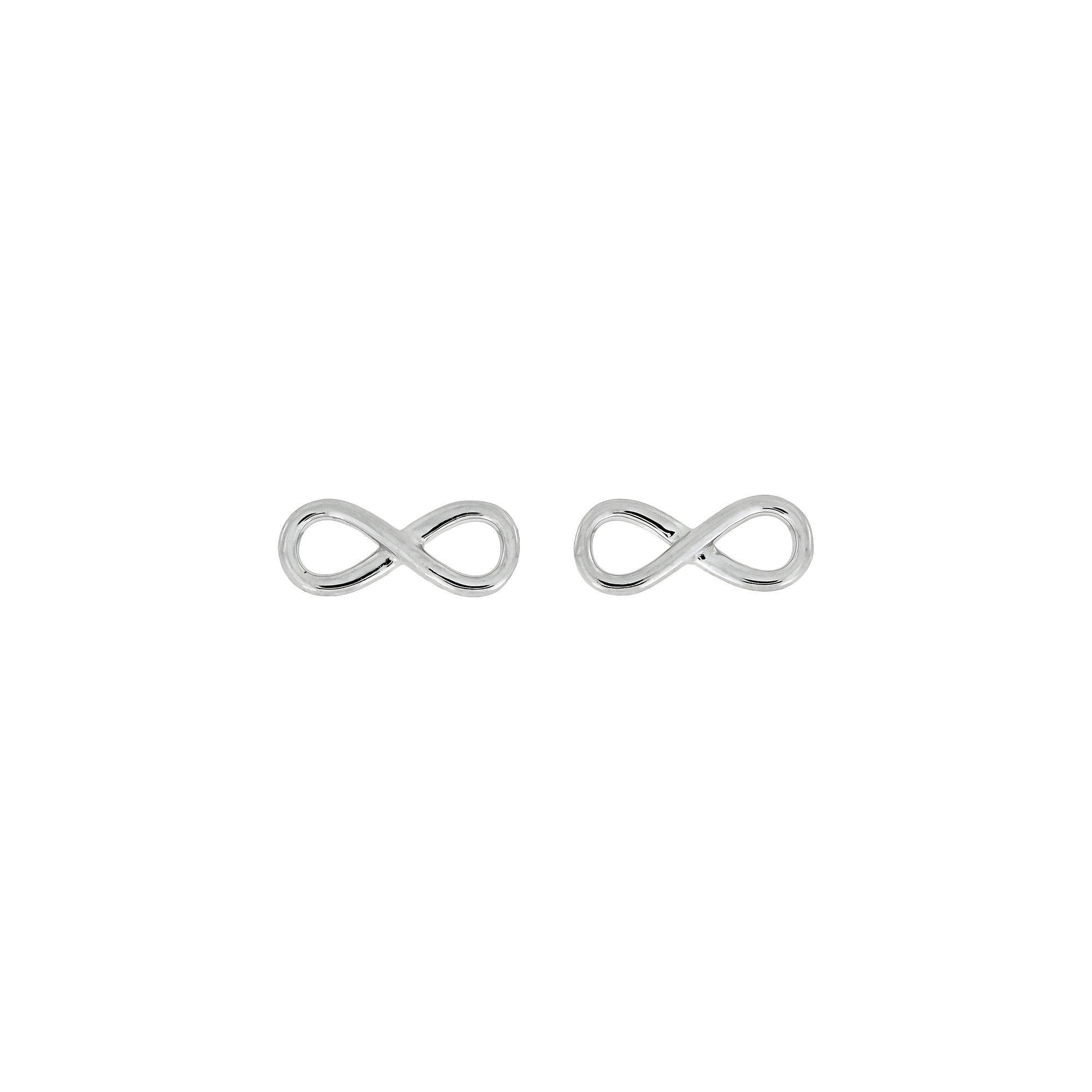 Pair of minimalist sterling silver stud earrings shaped as smooth infinity symbols with secure butterfly backs, embodying elegant and contemporary silver jewellery design.