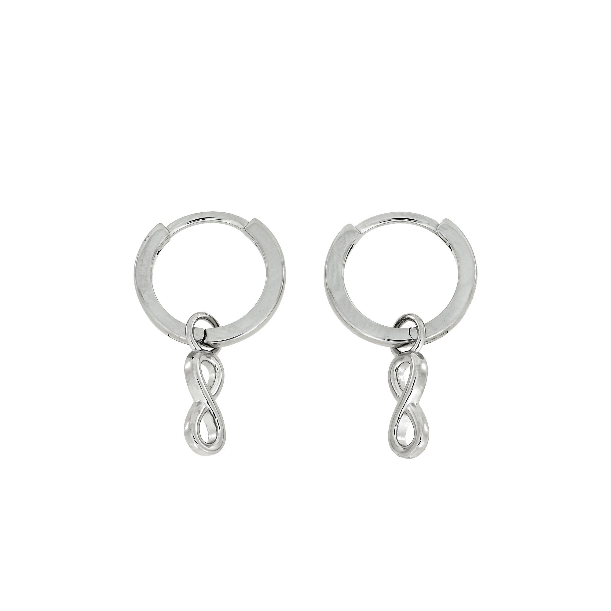 A pair of sleek sterling silver hoop earrings featuring small, polished infinity-shaped charms hanging delicately from each hoop, embodying minimalist elegance.