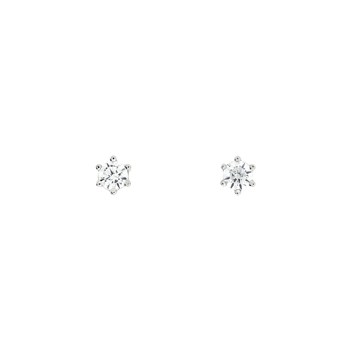 Pair of silver stud earrings featuring small, brilliant-cut cubic zirconia stones set in classic prong settings for timeless sterling silver jewellery elegance.