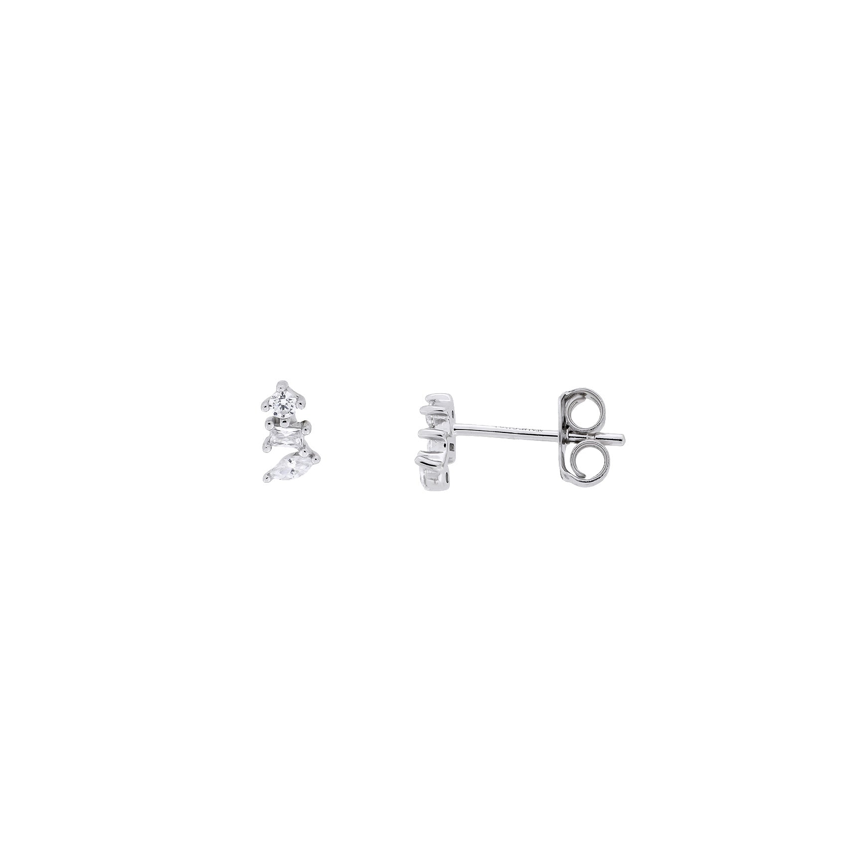 Pair of sterling silver stud earrings each featuring three sparkling cubic zirconia stones arranged vertically for a modern and refined jewellery design.
