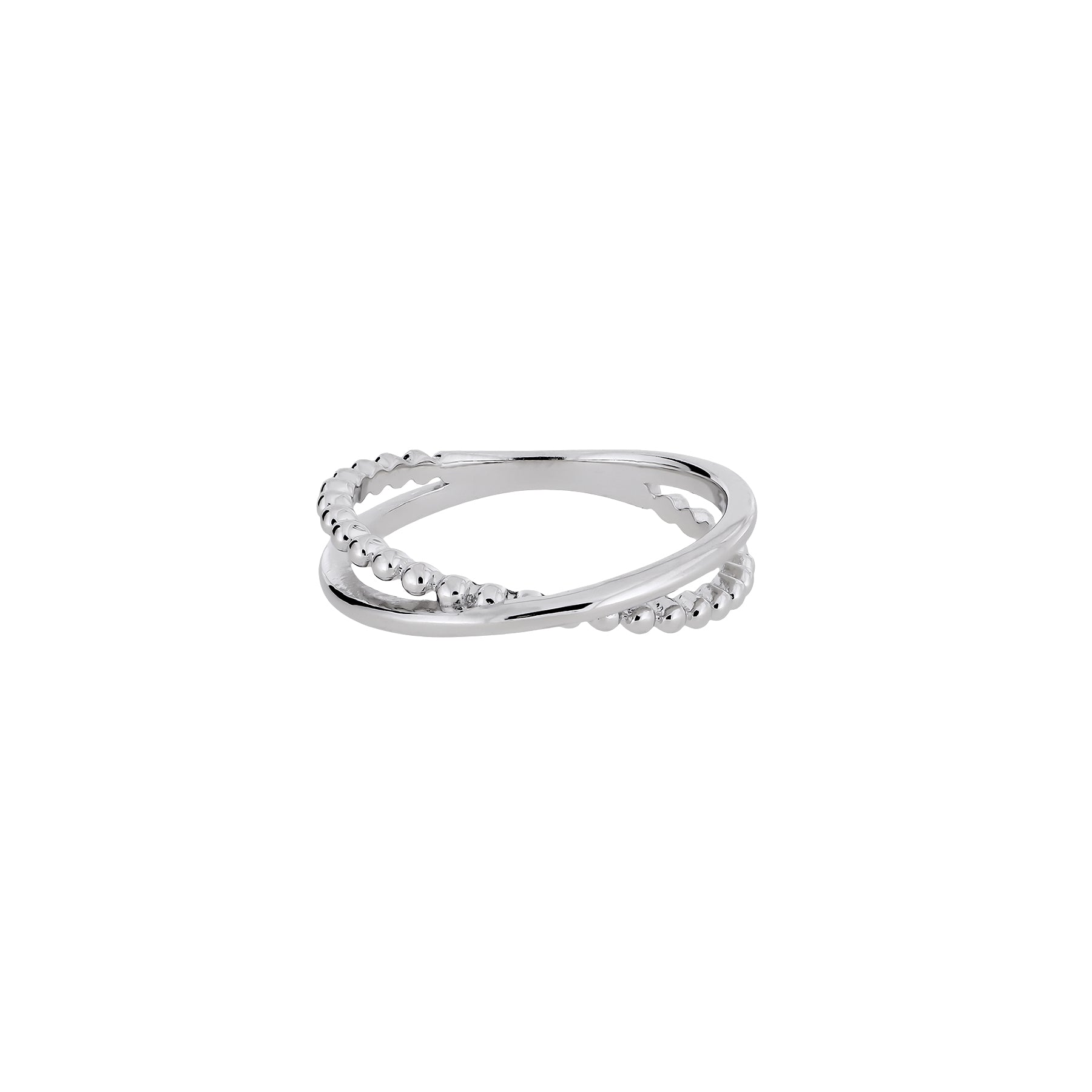 Sterling silver ring featuring two intertwined strands—one smooth and polished, the other textured with small rounded beads—for a contemporary sculptural look.