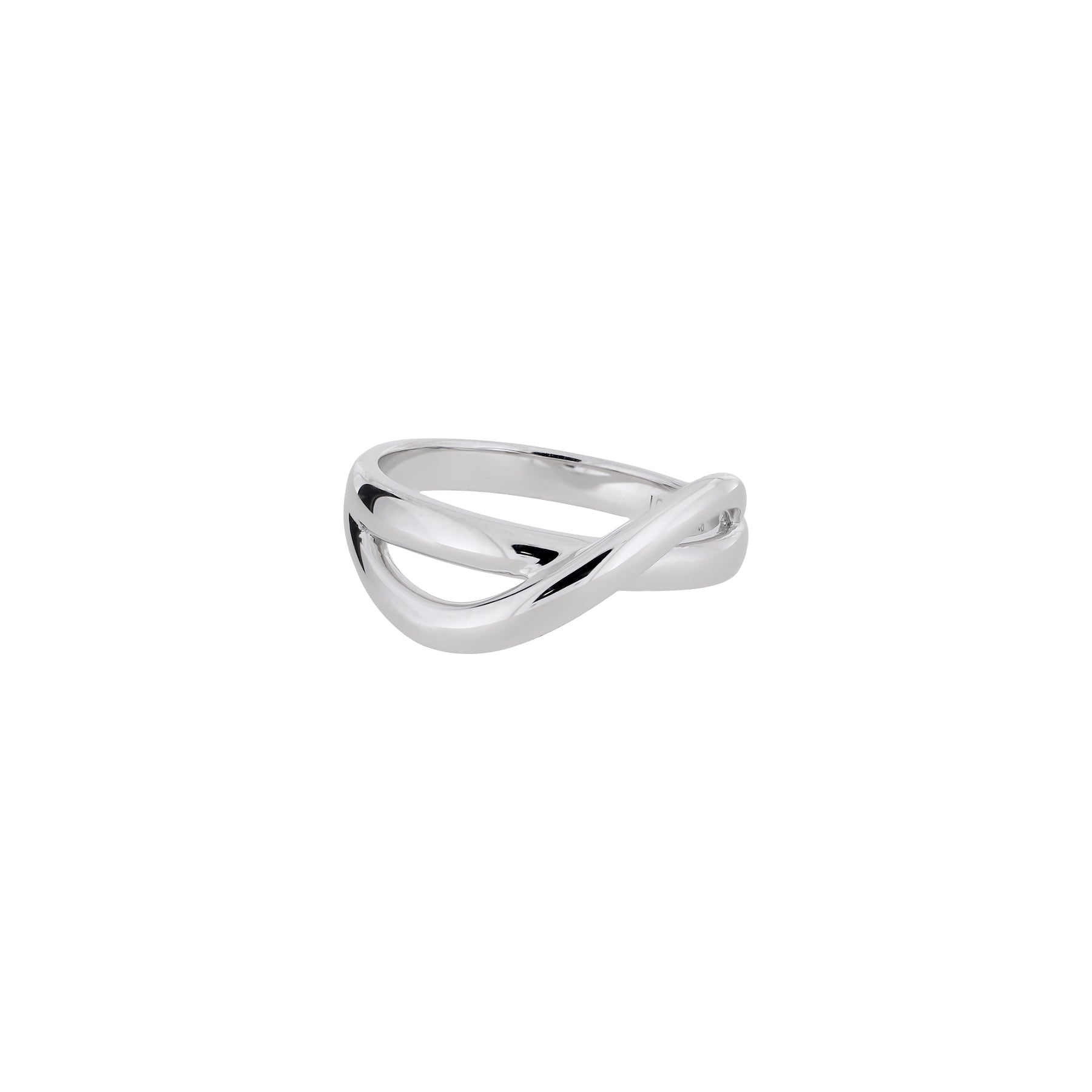 Sterling silver ring featuring a sleek crossover wave design with a polished, sculptural finish, exemplifying contemporary British silver jewellery by Azendi.