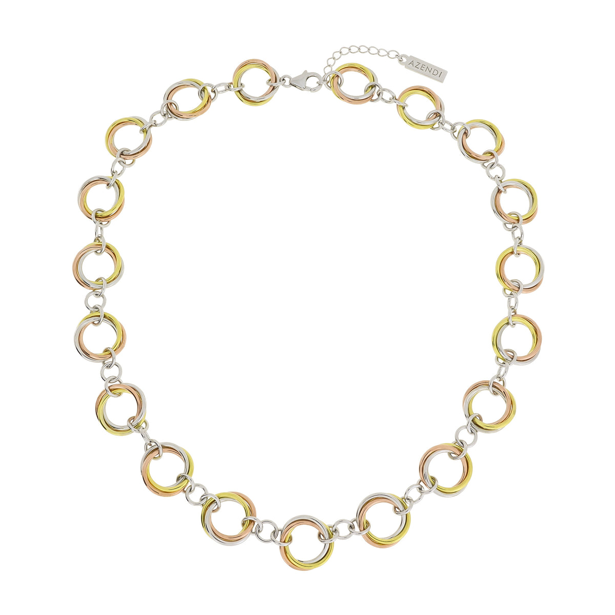 Sterling silver necklace featuring interlocking polished rings with a subtle gold vermeil overlay and an adjustable clasp, showcasing a modern, sculptural design.