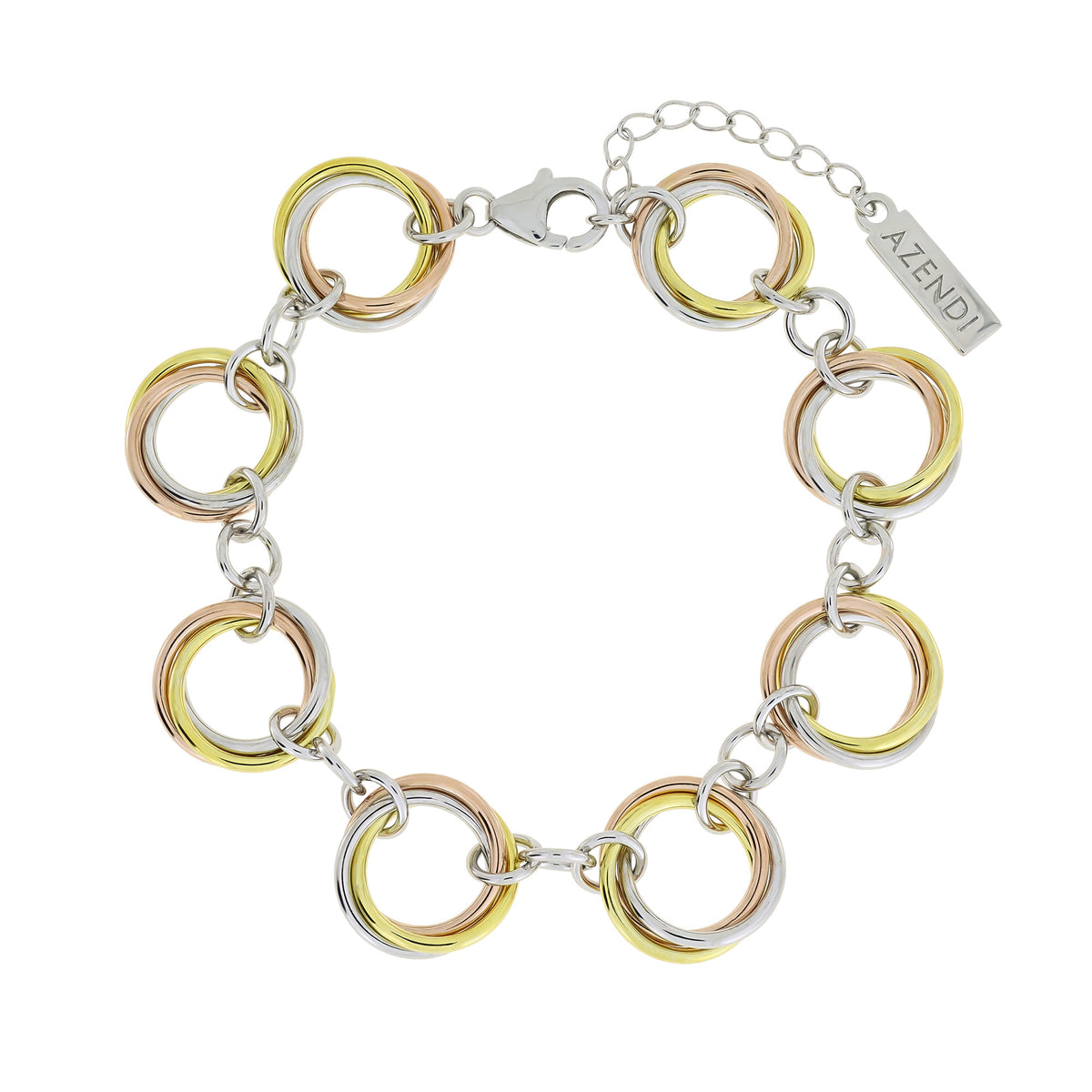 Bracelet featuring interconnected polished silver and gold vermeil rings with a subtly textured finish, secured by a sterling silver lobster clasp with an adjustable chain.