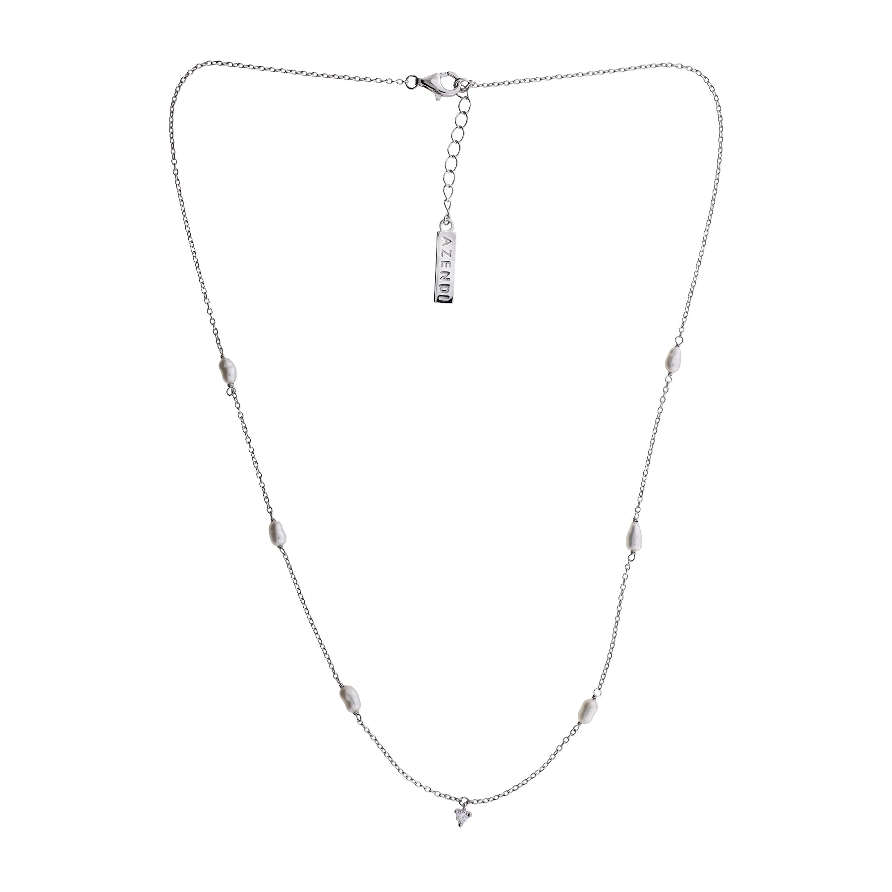 Delicate sterling silver chain necklace featuring spaced freshwater pearls and a small cubic zirconia charm, adjustable length with a branded tag for a refined, elegant look.