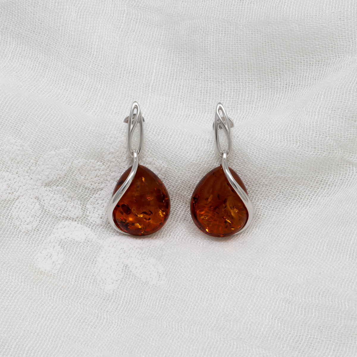 Silver Large Amber Teardrop Drop Earrings