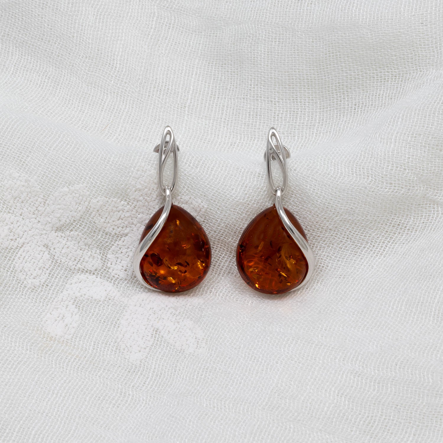 Silver Large Amber Teardrop Drop Earrings